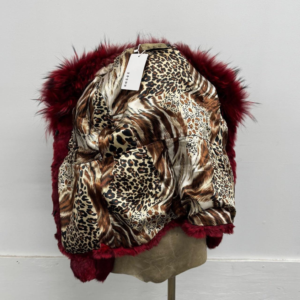 Vintage Burgundy Red Y2K Rabbit & Raccoon Fur Jacket Coat