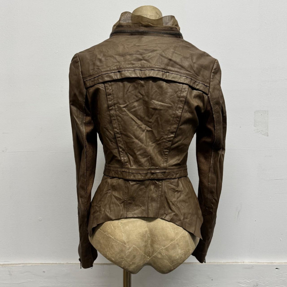 Vintage Brown Funnel Neck Asymmetric Avant Garde Leather Jacket