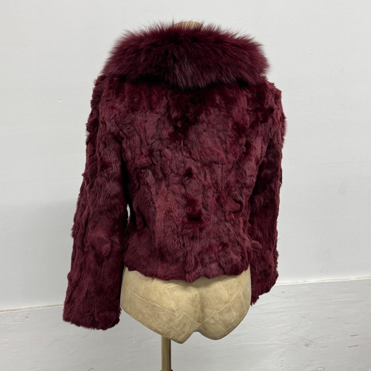 Vintage Y2K Burgundy Red Rabbit & Fox Fur Jacket Coat