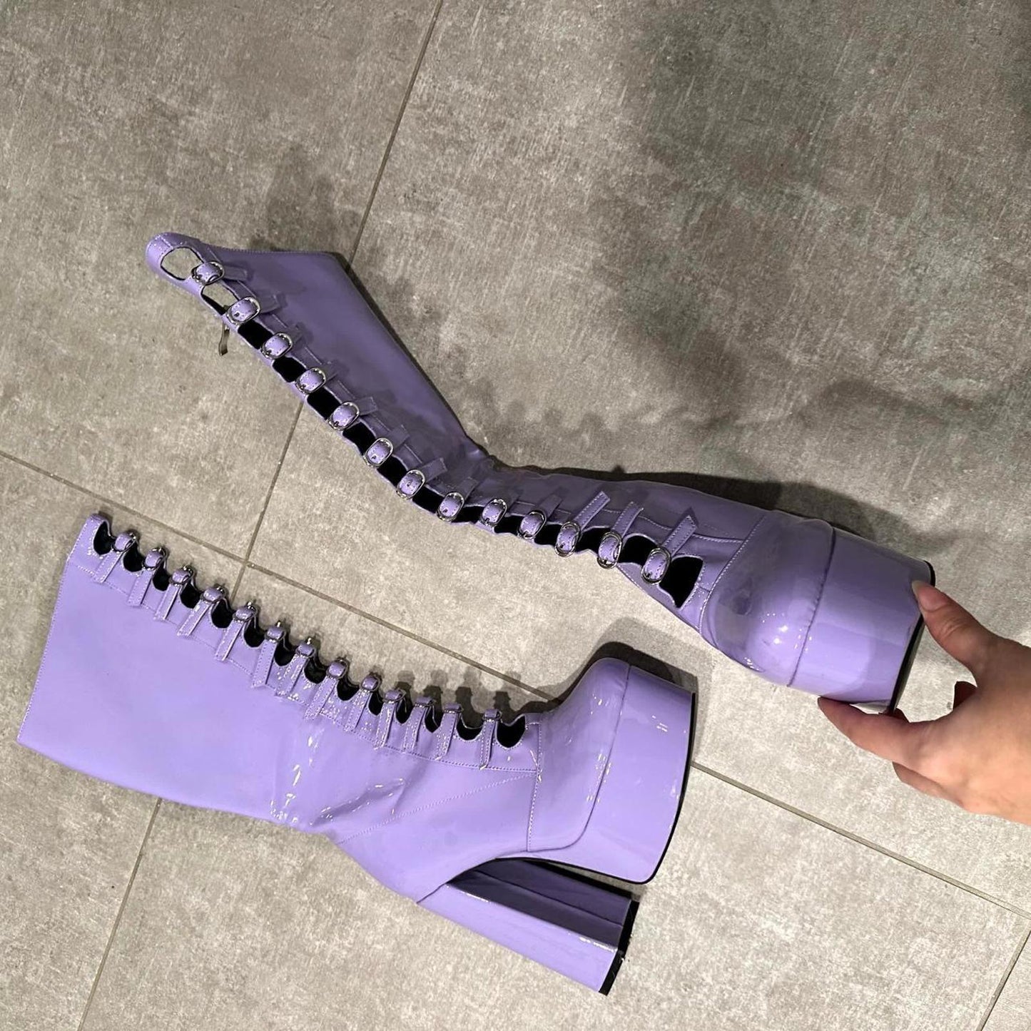 Women's Lilac Patent Leather Platform Lace-Up Ankle Boots