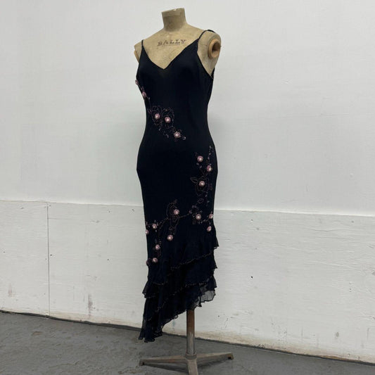 Vintage Y2K I.C.E. 3D Beaded Floral Black Silk Midi Dress