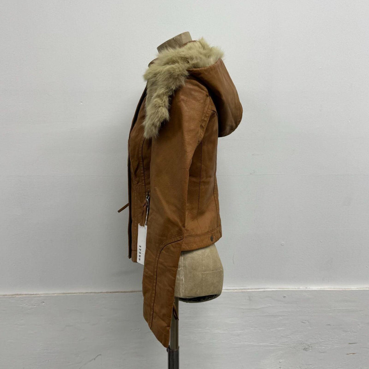 Vintage Tan Rabbit Fur Split Hood Multi-wear Asymmetrical Leather Jacket