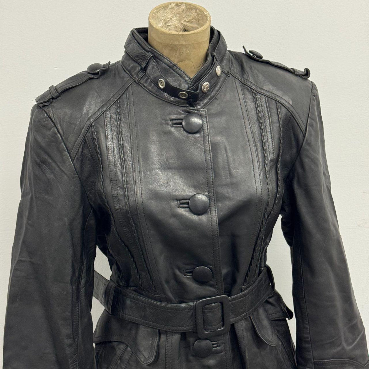Vintage Genuine Black Leather Military Trench Duster Coat with Belt