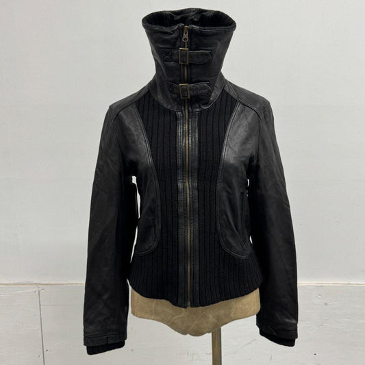 Vintage Black Funnel Neck Asymmetric Avant Garde Leather Jacket