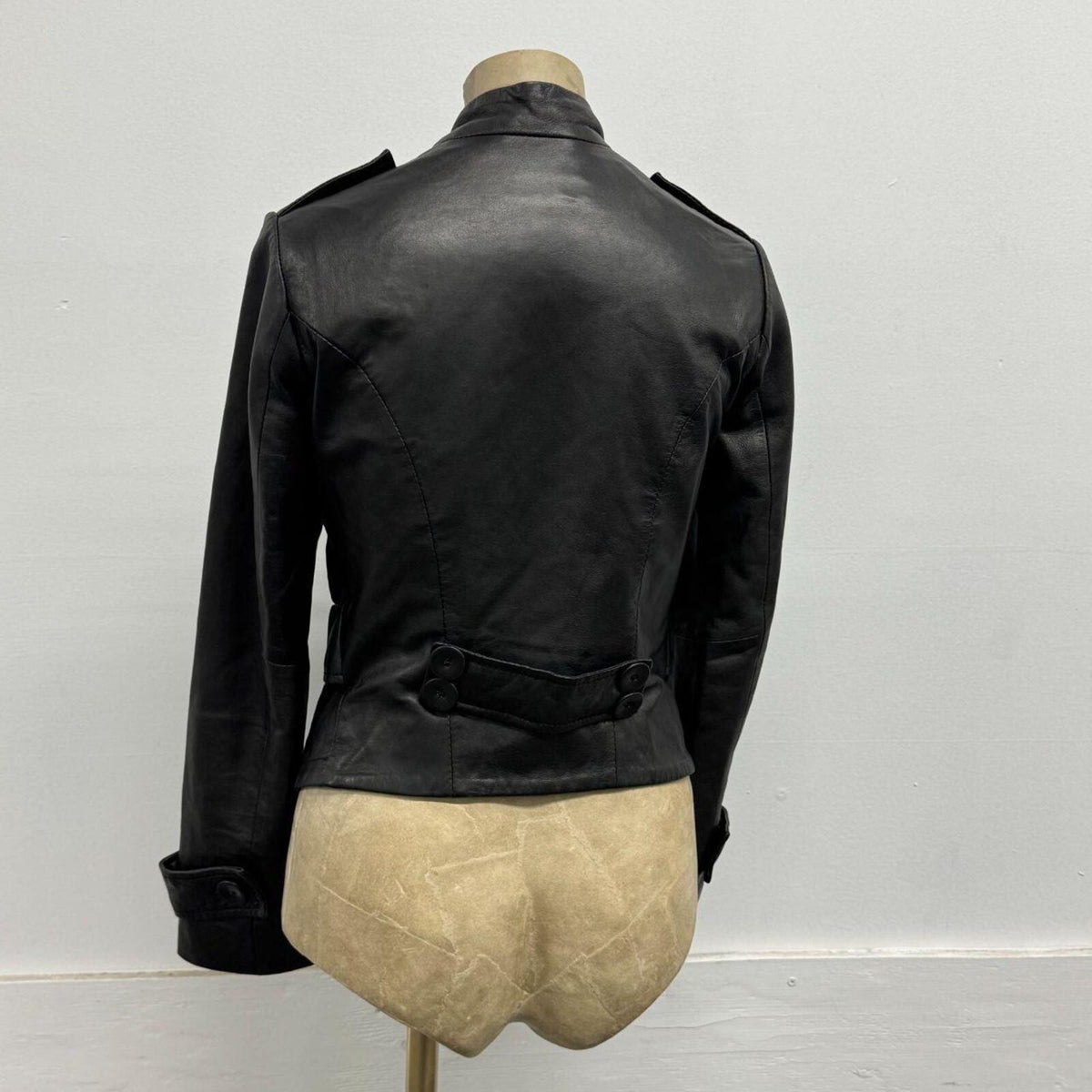 Vintage Black High Neck Military Button Steampink Leather Jacket