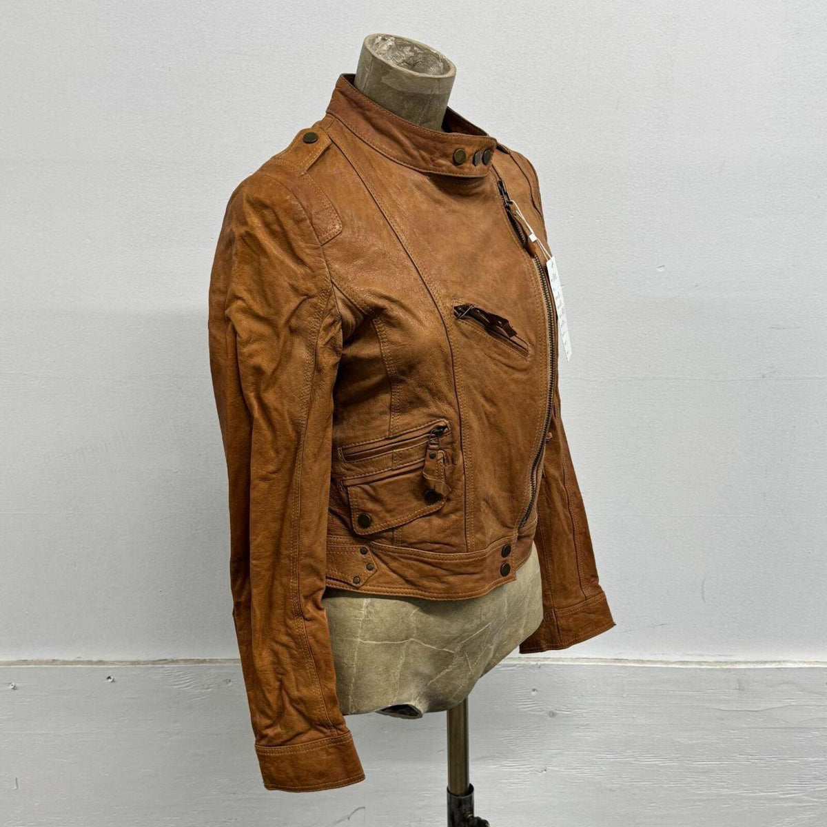 Vintage Tan Cargo Moto Leather Jacket