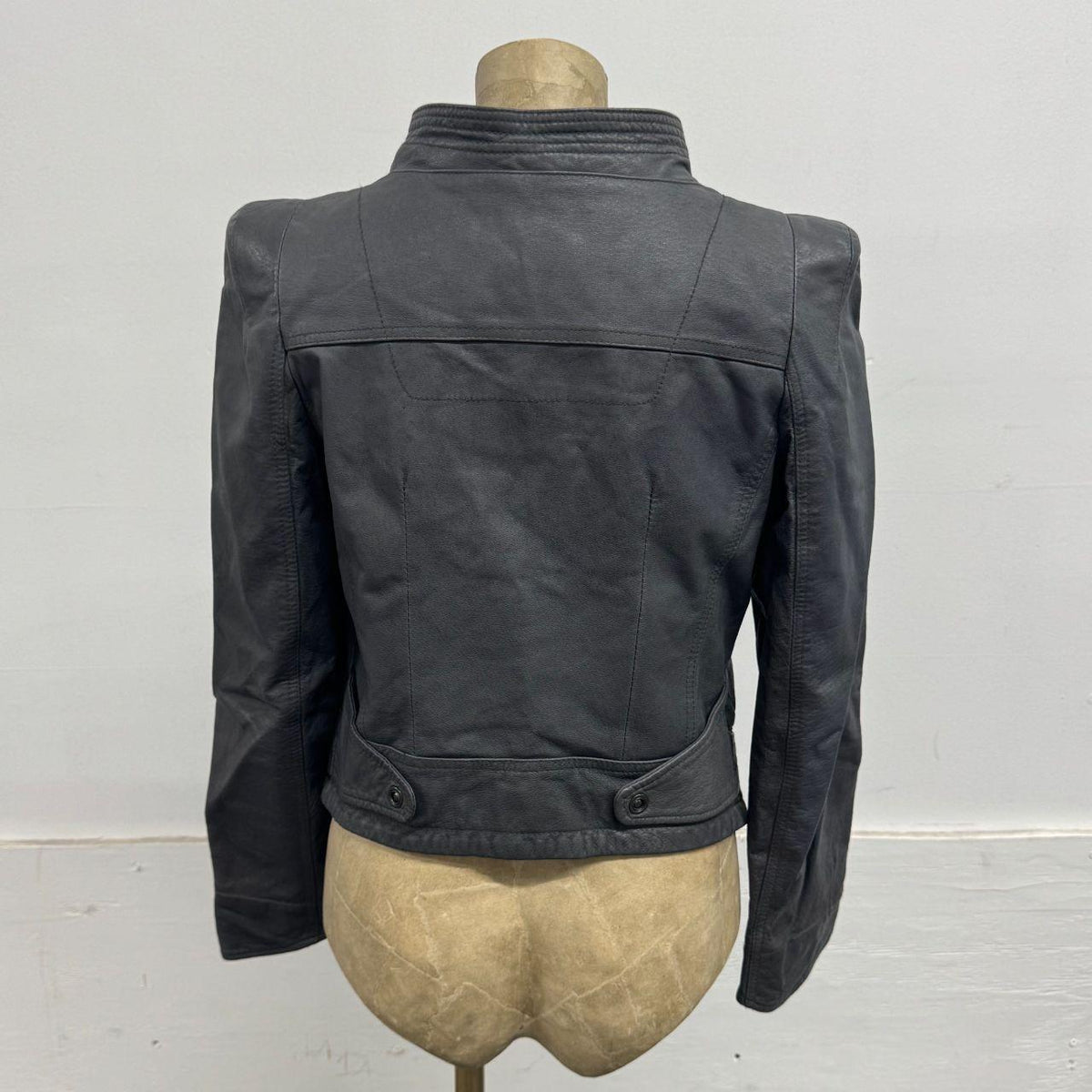 Vintage Grey Funnel Neck Asymmetric Avant Garde Leather Jacket