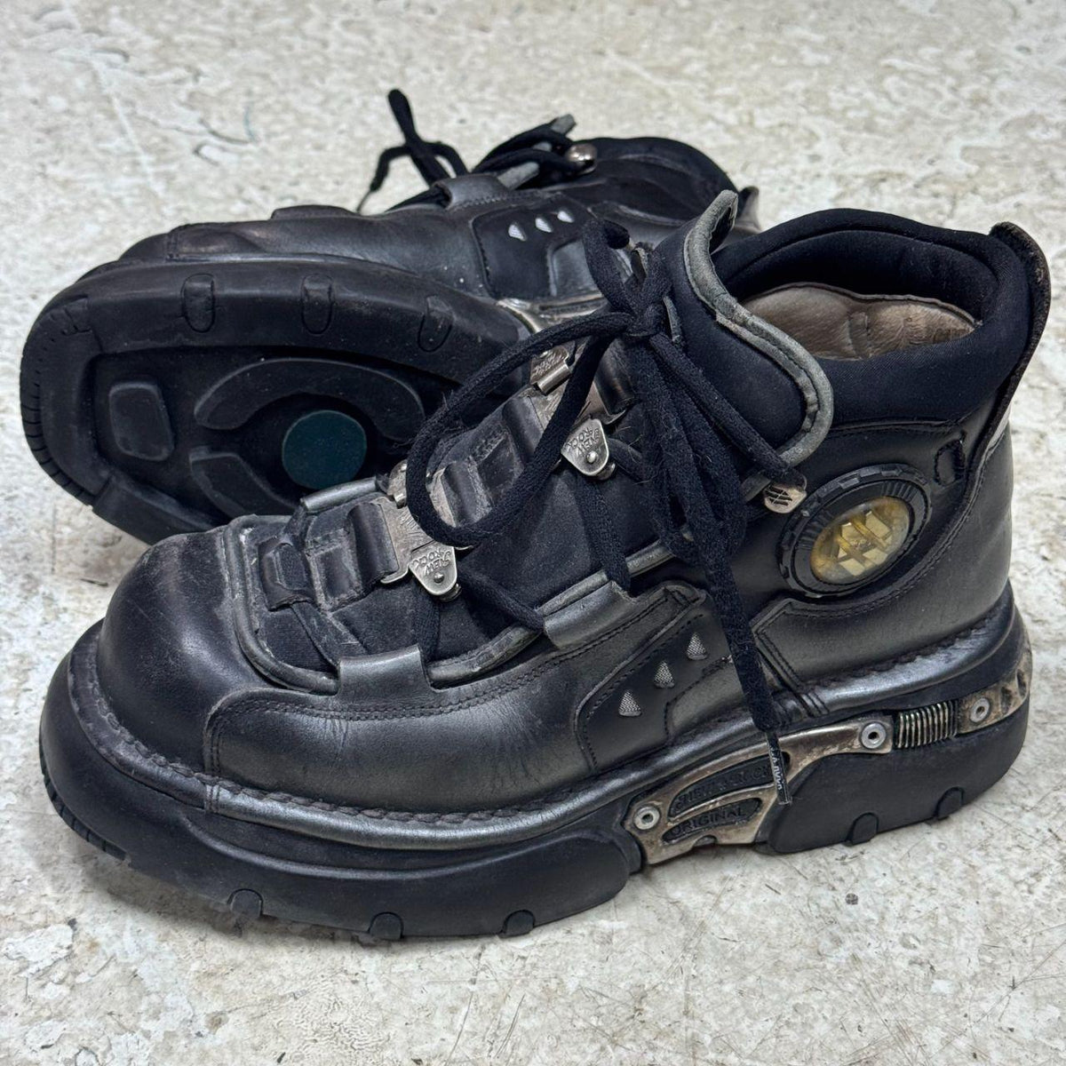 Vintage New Rock Pewter & Black Leather Reactor Platform Sneaker Boots