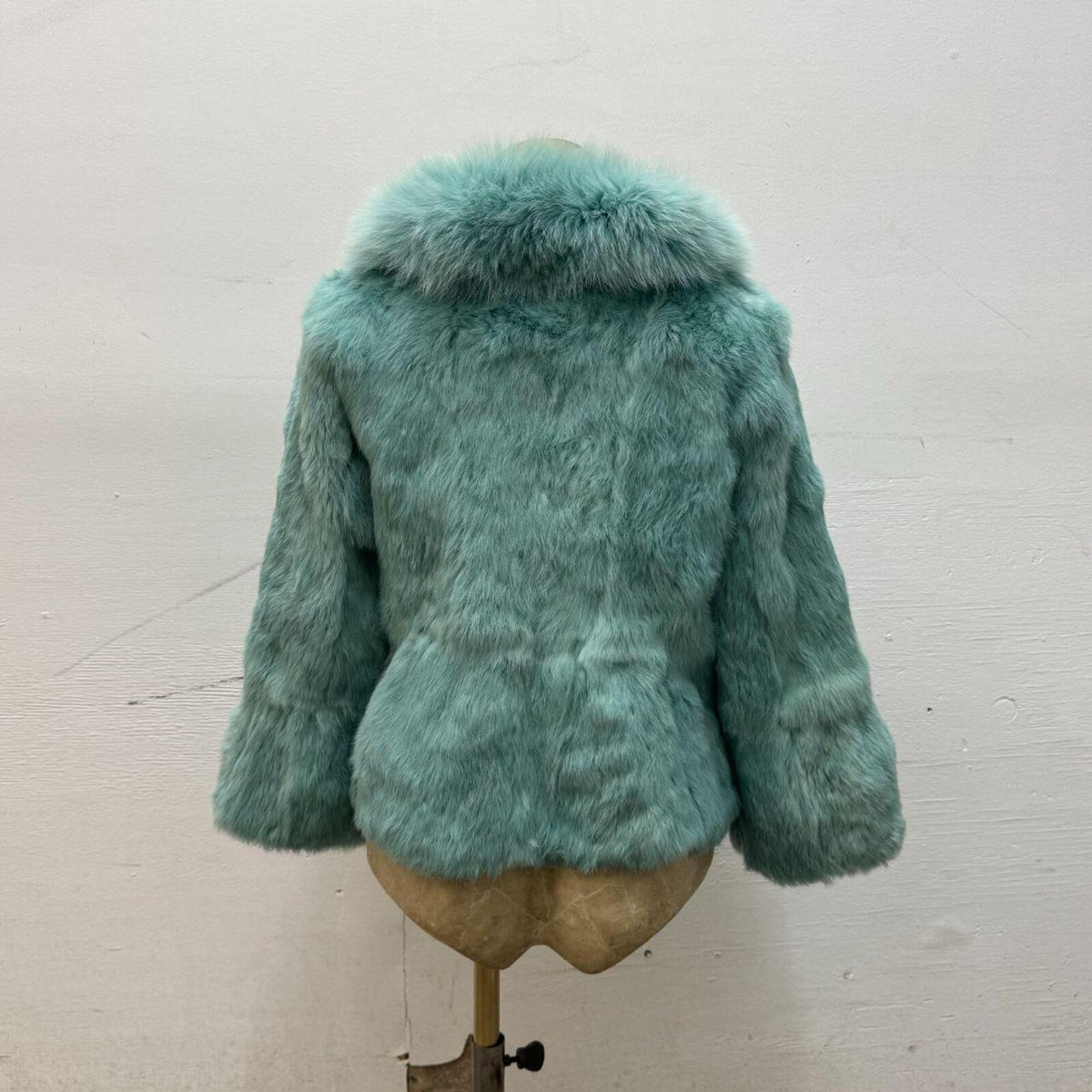Y2K Vintage Turquoise Blue Rabbit & Fox Fur Pom Pom Jacket Coat