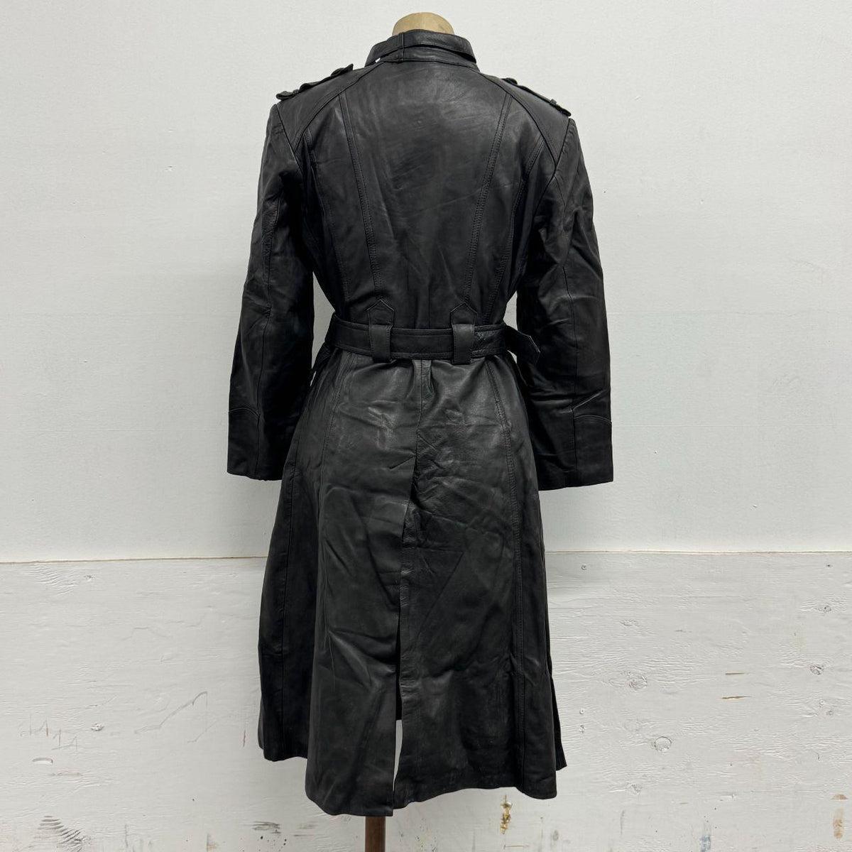 Vintage Genuine Black Leather Military Trench Duster Coat with Belt