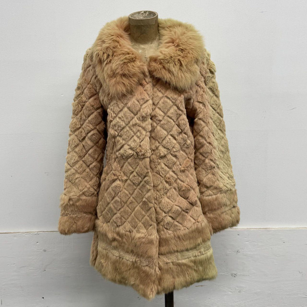 Vintage Y2K Pinkish Tan Rabbit & Fox Fur Jacket Trench Longline Coat