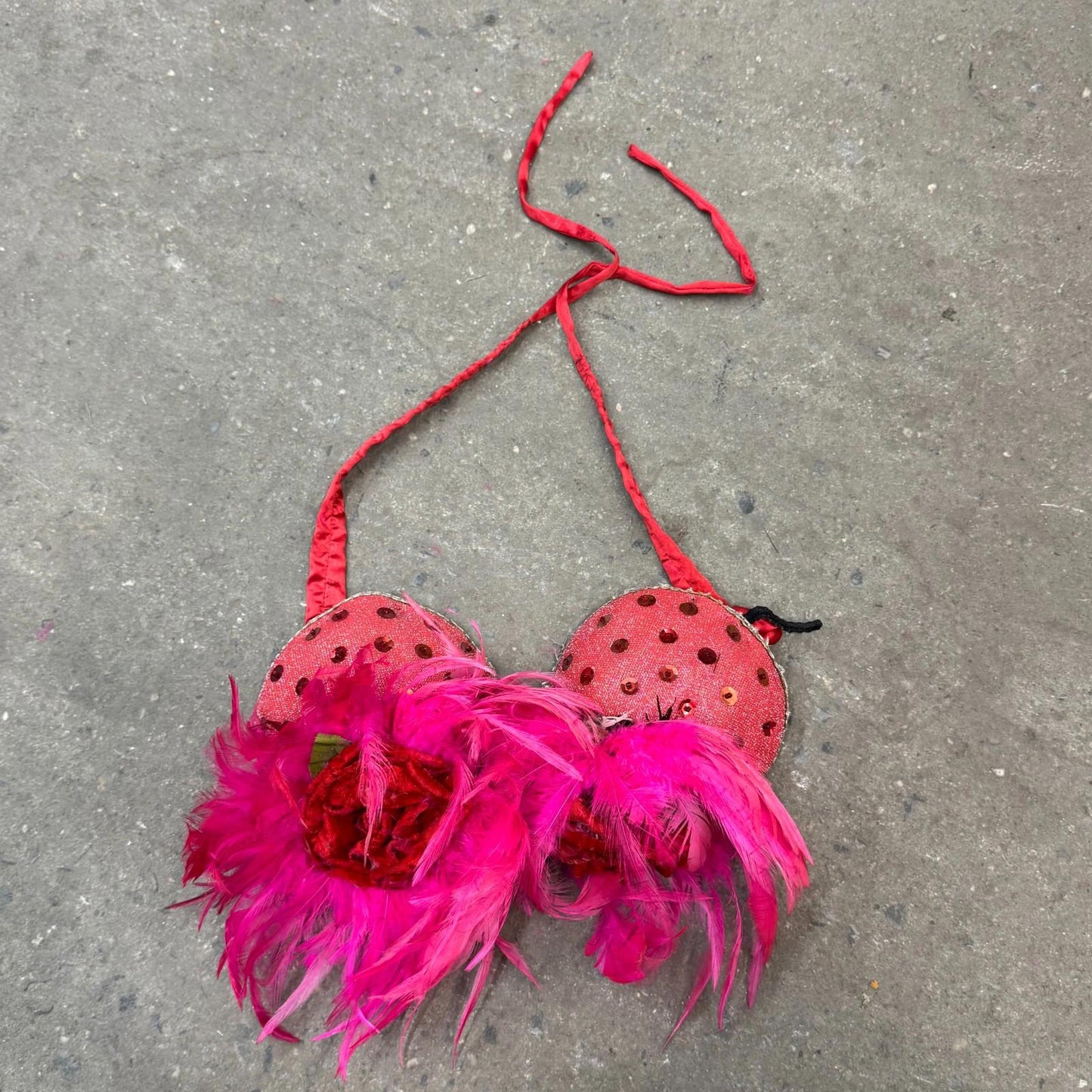 Vintage Pink Showgirl Feather & Velvet Floral Stage Bra Film Costume