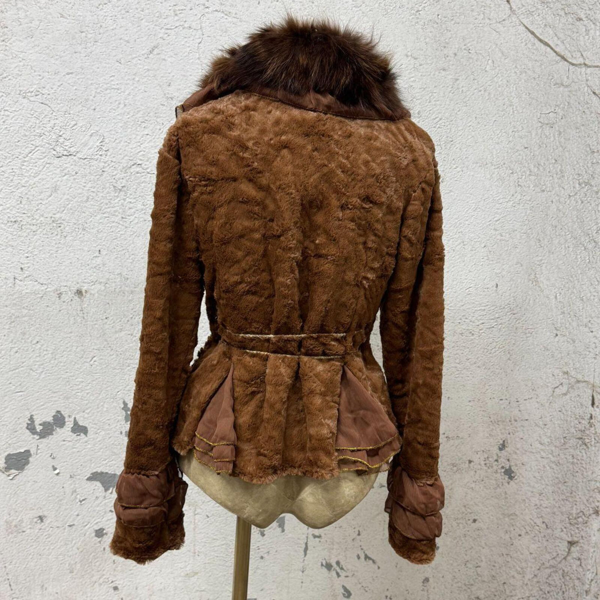 Vintage Brown Rabbit Fur Jacket with Chiffon Panels & Fox Collar Coat