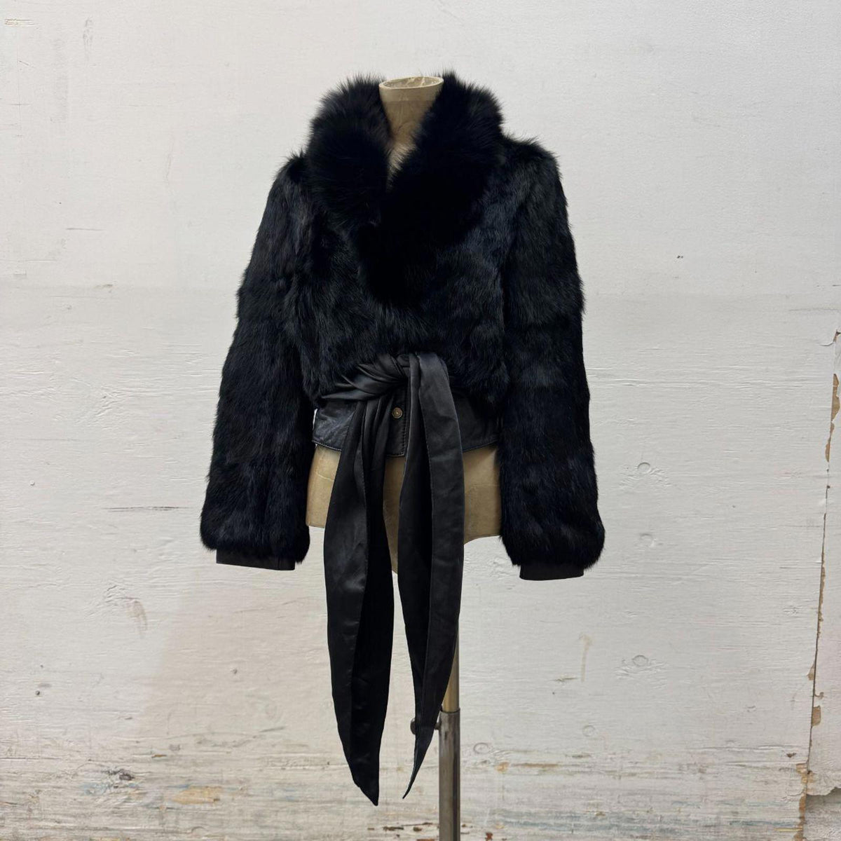 Vintage Y2K Cropped Satin Waist Tie Rabbit Fur & Leather Jacket Coat