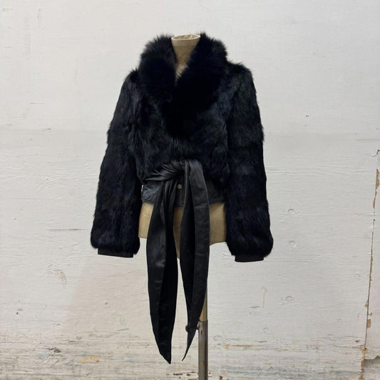 Vintage Y2K Cropped Satin Waist Tie Rabbit Fur & Leather Jacket Coat