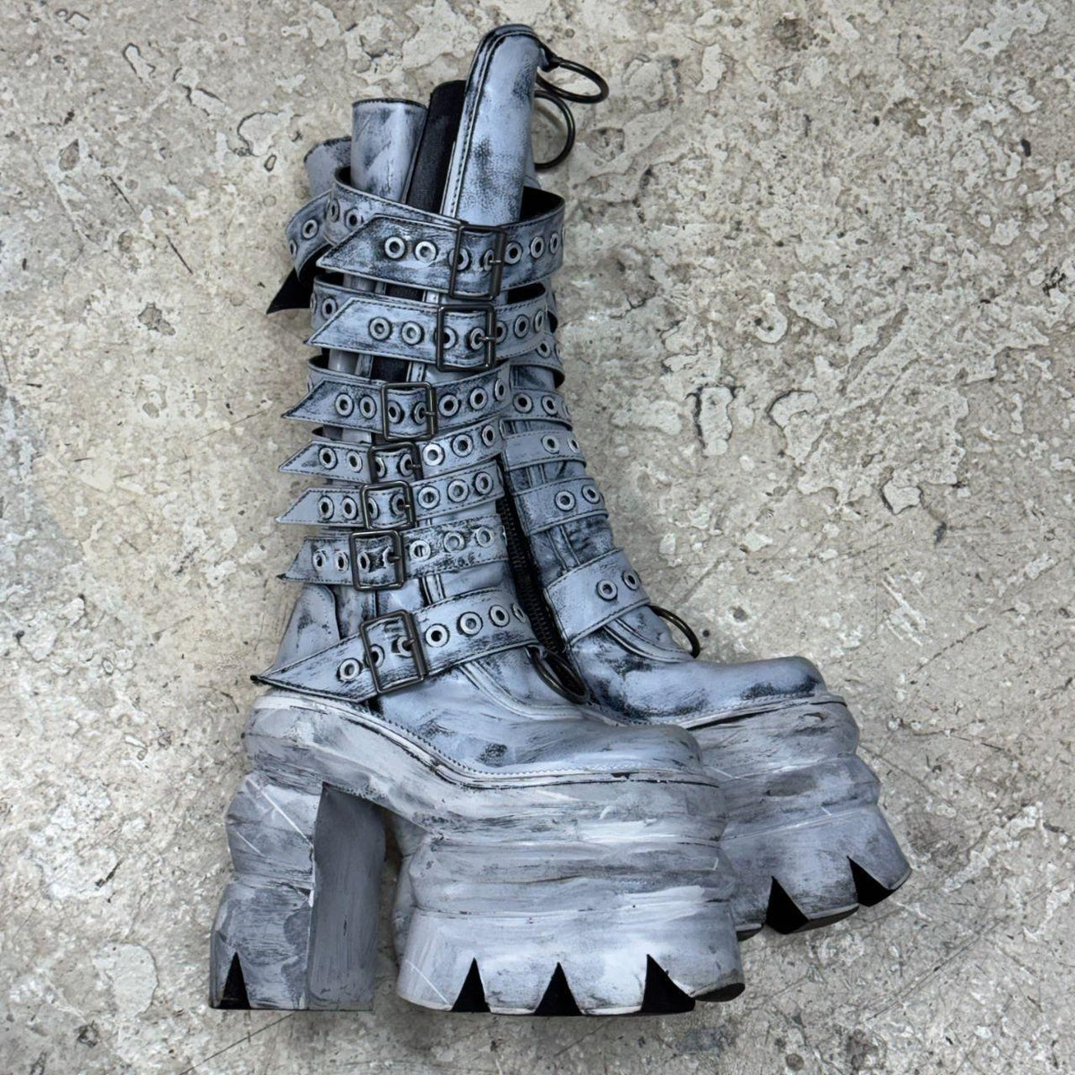 Painted Distressed Cyber-Goth Mega Platform Buckle Knee Boots