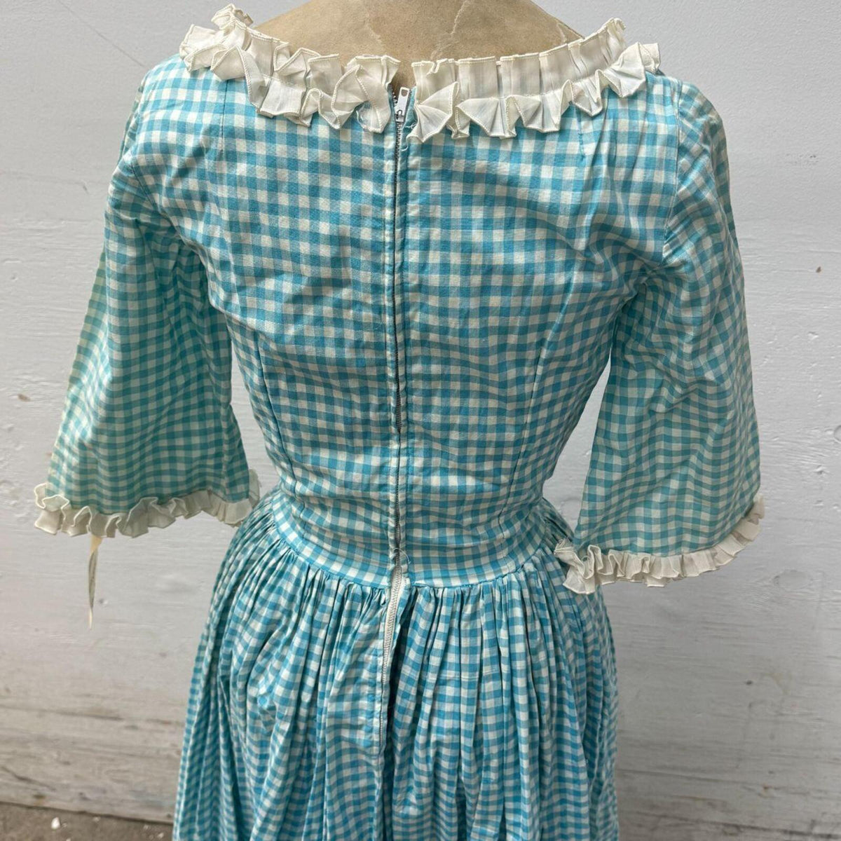 Vintage Film Costume 70s Teal Gingham Prairie Maxi Dress XXS