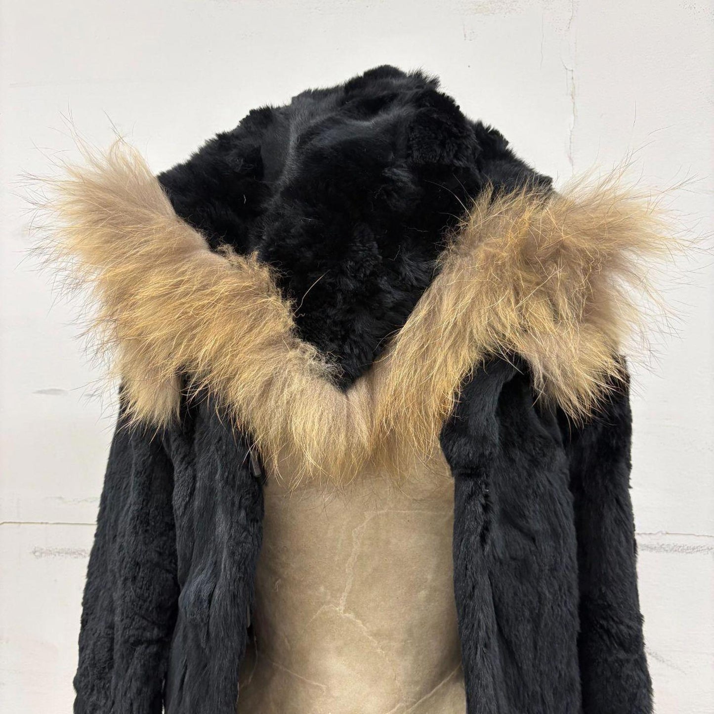 Vintage Y2K Jet Black Rabbit & Fox Fur Hooded Jacket
