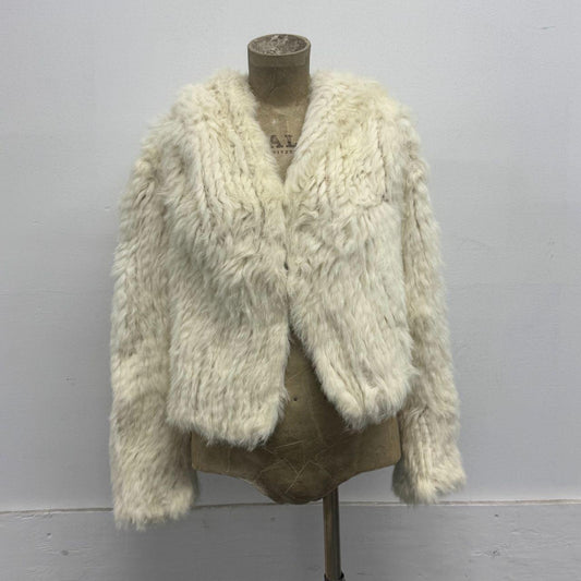 Vintage Y2K White Knit Rabbit Fur Hooded Jacket Coat SUPER SOFT