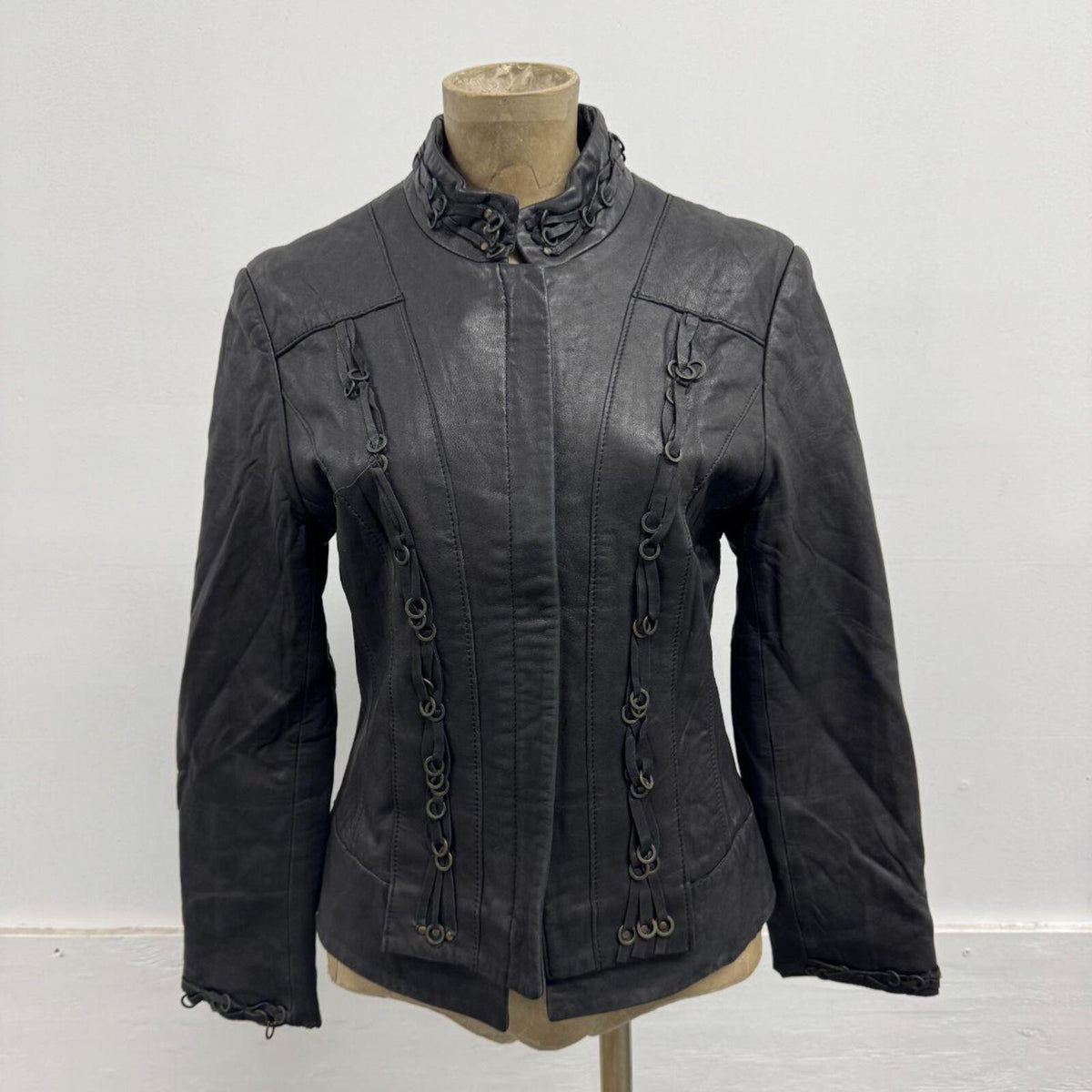 Vintage Black Grommet Detail Military Steampunk Leather Jacket