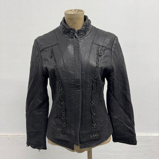 Vintage Black Grommet Detail Military Steampunk Leather Jacket