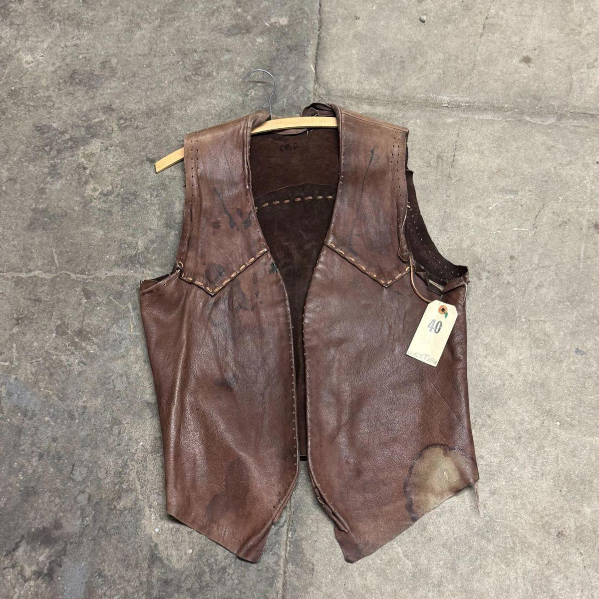 Vintage 60s 70s Leather Western Film Costume Vest Brown Thrashed Distressed