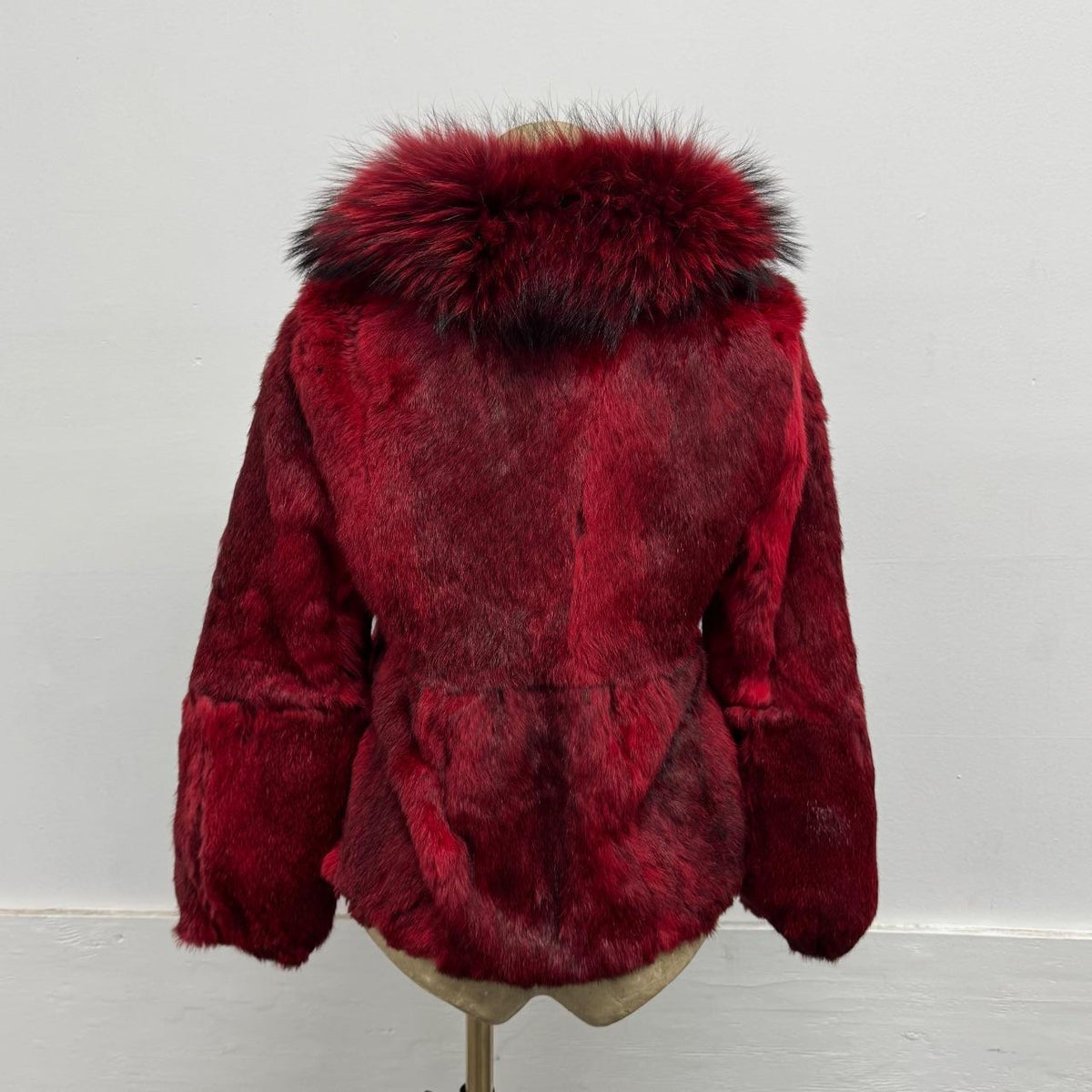 Vintage Burgundy Red Y2K Rabbit & Raccoon Fur Jacket Coat