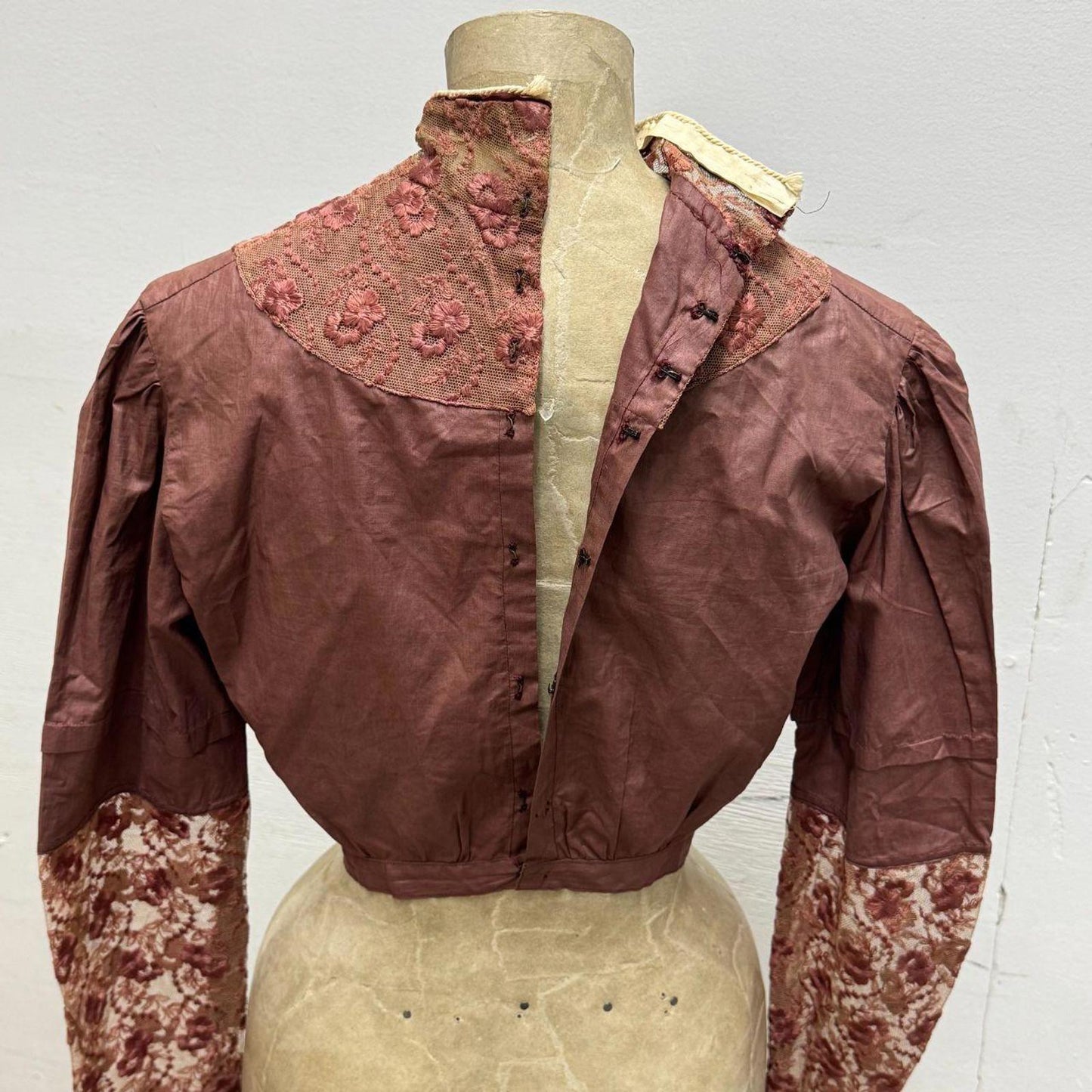 Brick Red Antique Victorian Lace-Panel Bodice XS