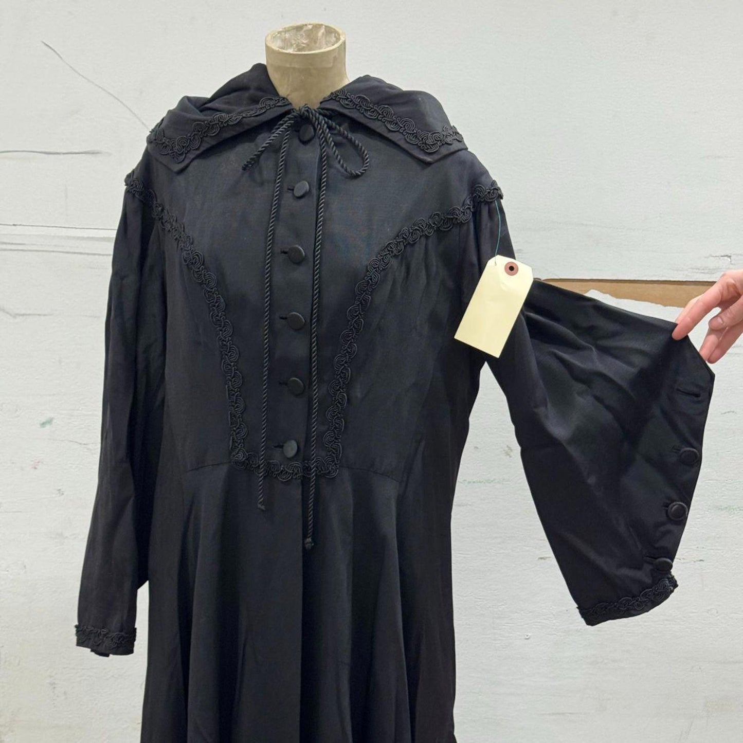 Vintage 50s Black Hooded Victorian Style Cloak Trench Coat