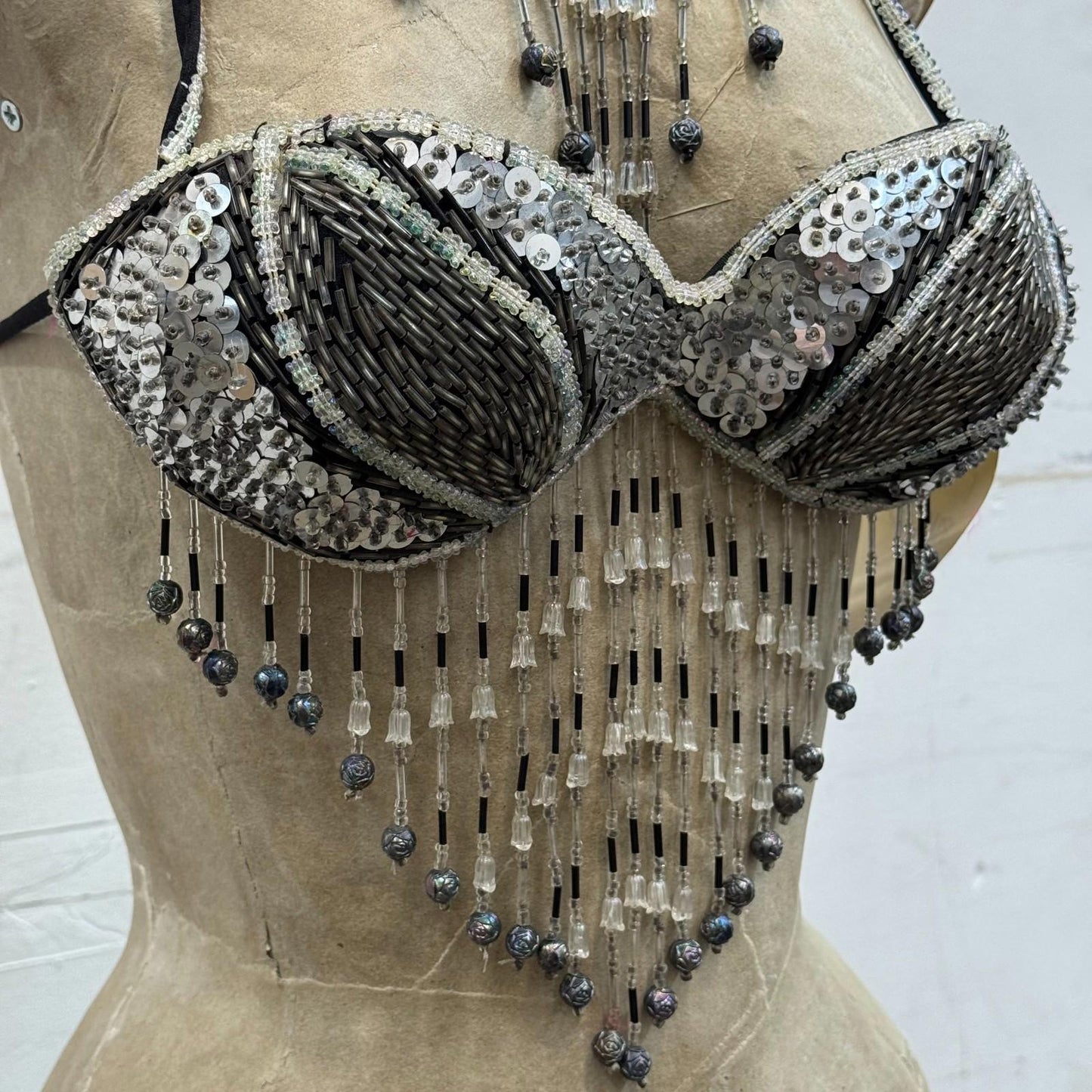 Vintage Showgirl Beaded Silver & Black Mirror Bra Stage Film Costume Burlesque