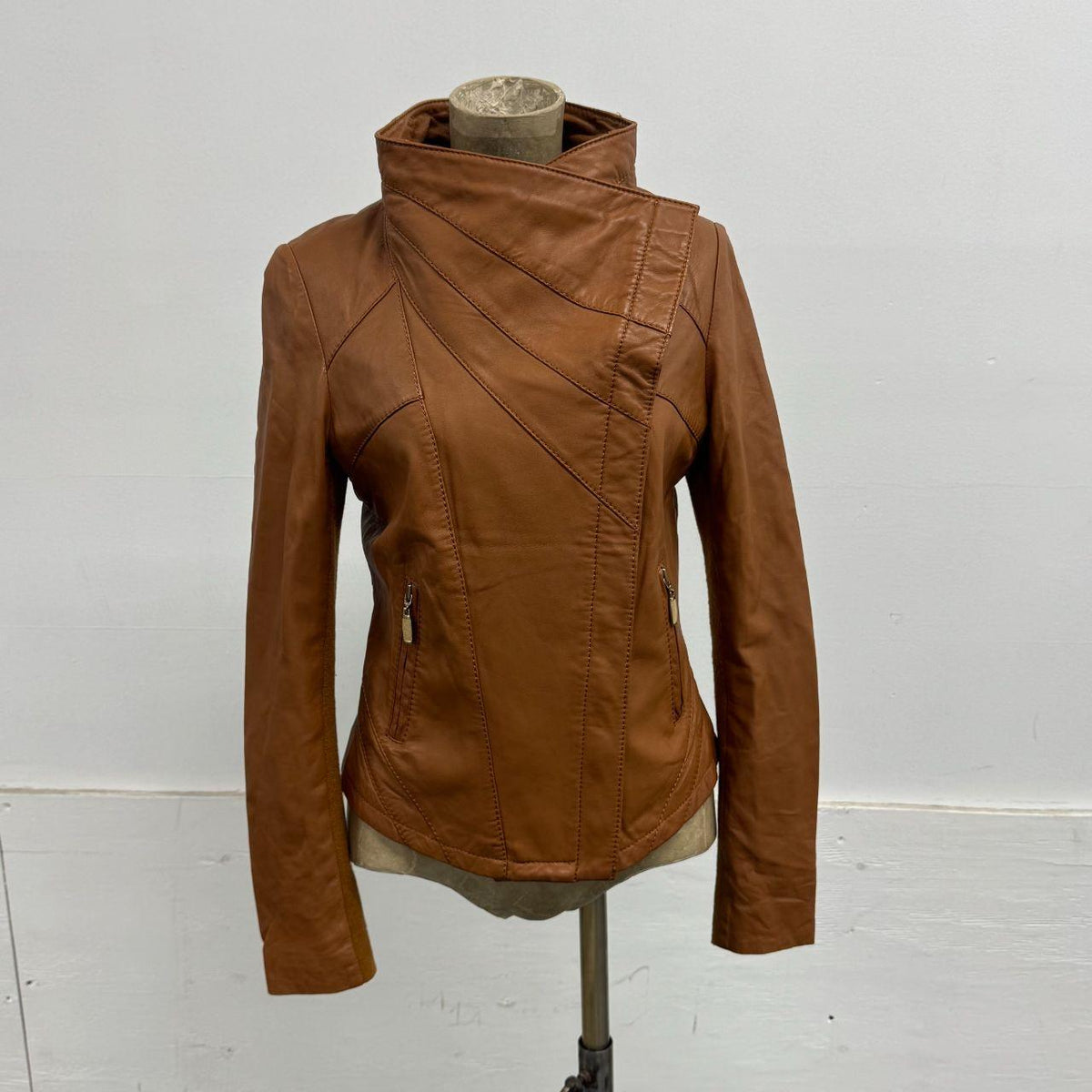 Vintage Tan Brown Funnel Neck Asymmetric Avant Garde Leather Jacket