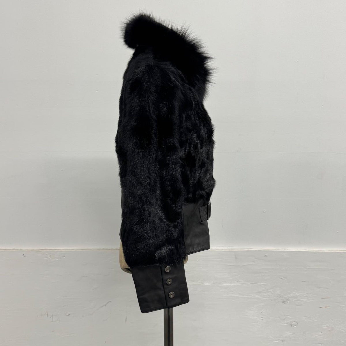 Vintage Y2K Jet Black Real Fox Rabbit Fur Leather Belted Jacket Coat
