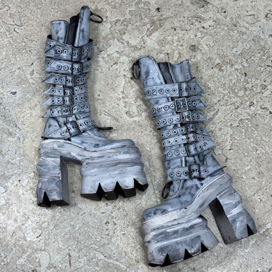 Painted Distressed Cyber-Goth Mega Platform Buckle Knee Boots