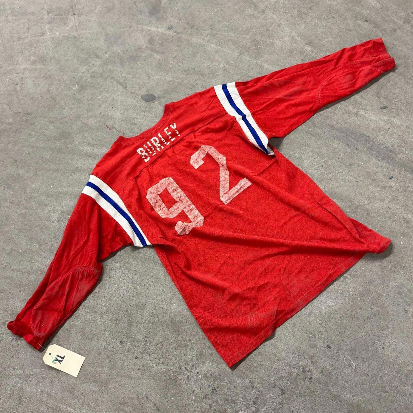 Vintage 50s60s Thrashed Football Practice Jersey Longsleeve Tee 92 Red Americana