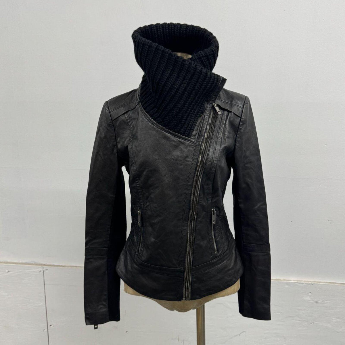 Vintage Black Funnel Neck Knit Collar Avant Garde Leather Jacket