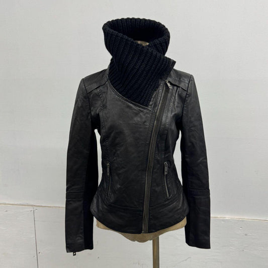 Vintage Black Funnel Neck Knit Collar Avant Garde Leather Jacket