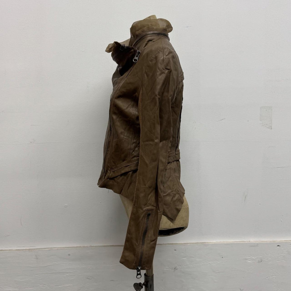 Vintage Brown Funnel Neck Asymmetric Avant Garde Leather Jacket