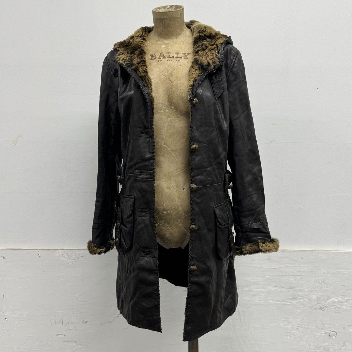 Vintage Y2K SINBOS Leather and Rabbit Fur Hooded Utility Trench Parka