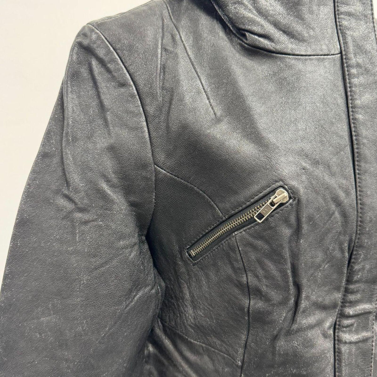 Vintage Next Woman Black Funnel Neck Leather Jacket XL