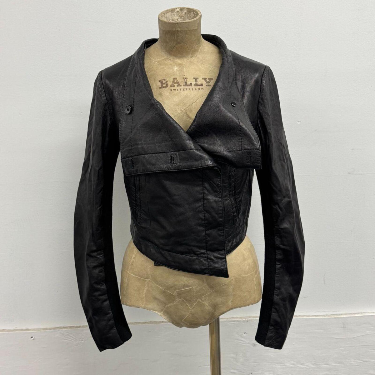 Vintage Black Funnel Neck Asymmetric Crop Avant Garde Leather Jacket