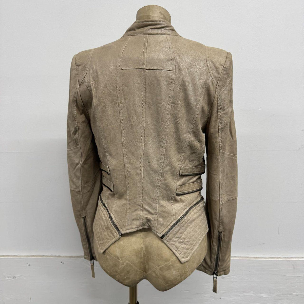 Vintage Beige Funnel Neck Multi-Way Avant Garde Leather Jacket
