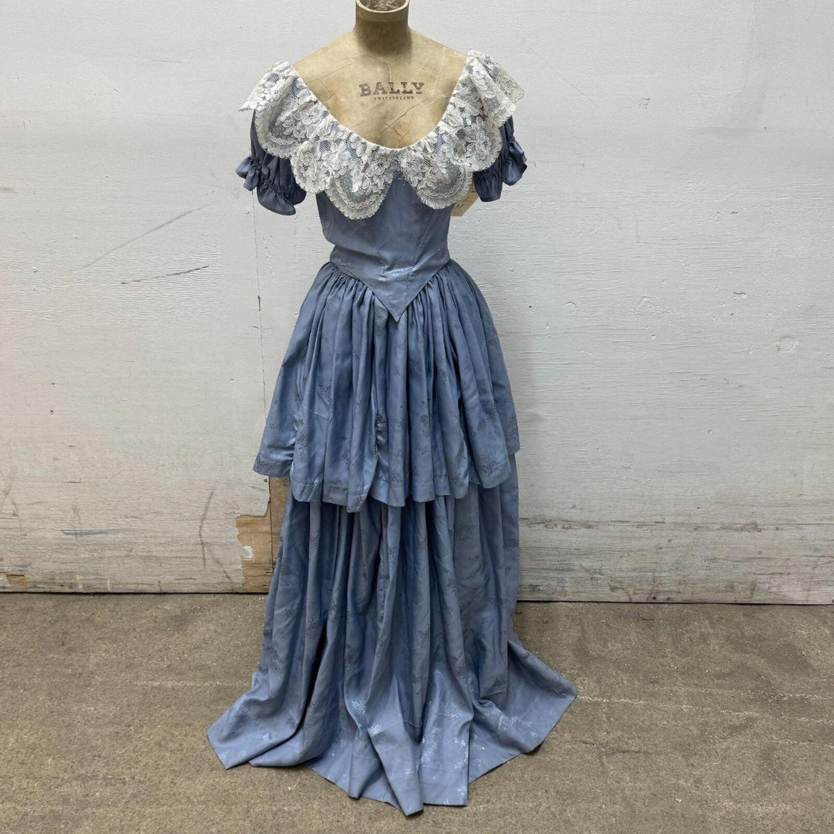 Vintage Film Costume 70s does Victorian Blue Damask Gown XXS