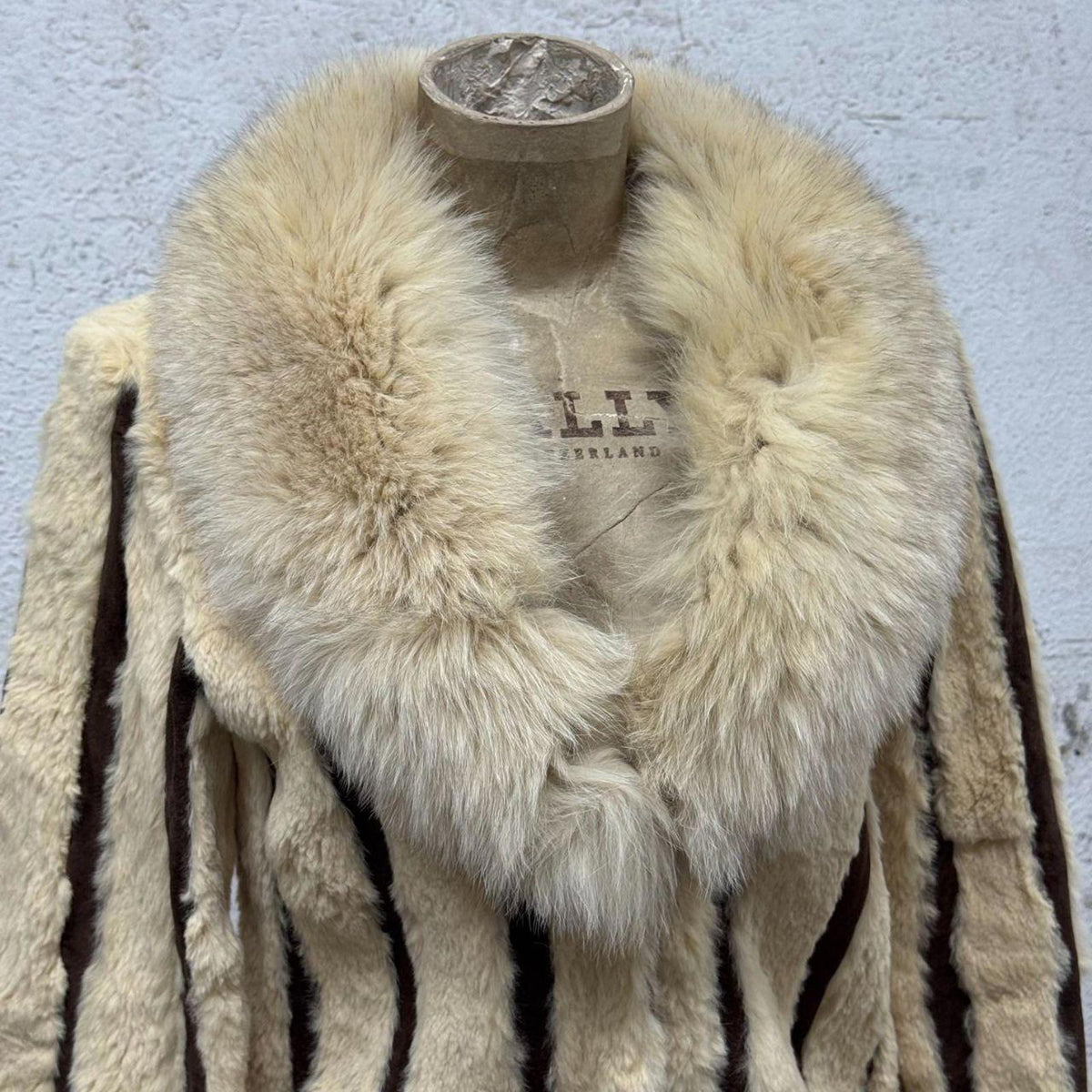 Vintage Y2K Striped Rabbit Fur & Suede Jacket Fox Collar Coat