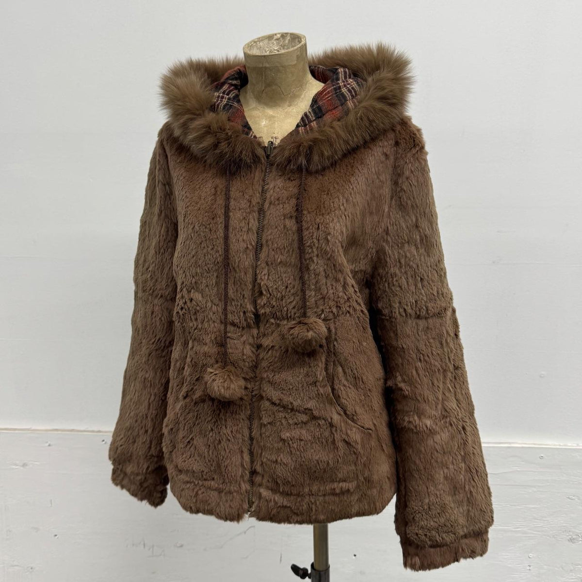 Vintage Y2K Reversible Hooded Brown Rabbit & Fox Fur Jacket Coat