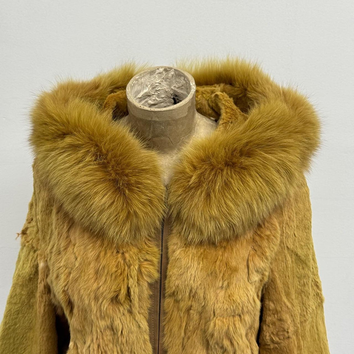 Vintage Y2K Hooded Gold Rabbit & Fox Fur Jacket Coat
