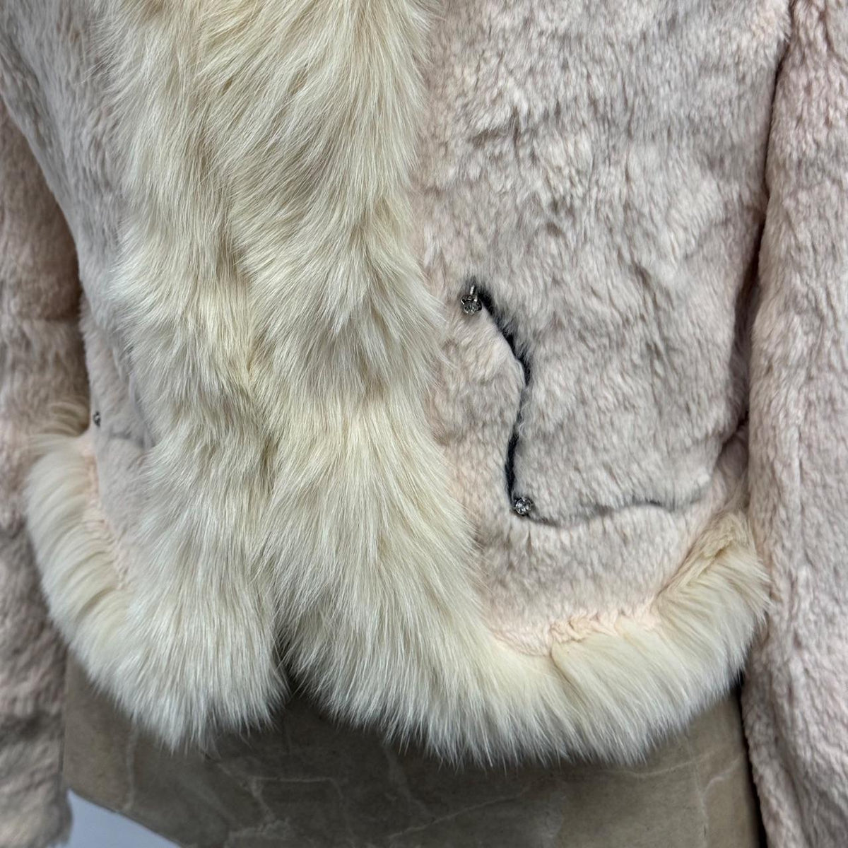 Vintage Y2K Cream Peach Rabbit & Fox Fur Jacket w Rhinestone Details Coat
