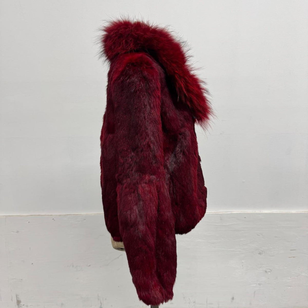Vintage Burgundy Red Y2K Rabbit & Raccoon Fur Jacket Coat