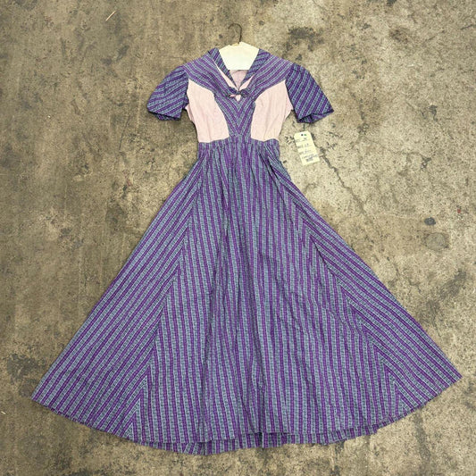 70s does 40s Vintage Purple & White Striped Cotton Prairie Dress Film Costume