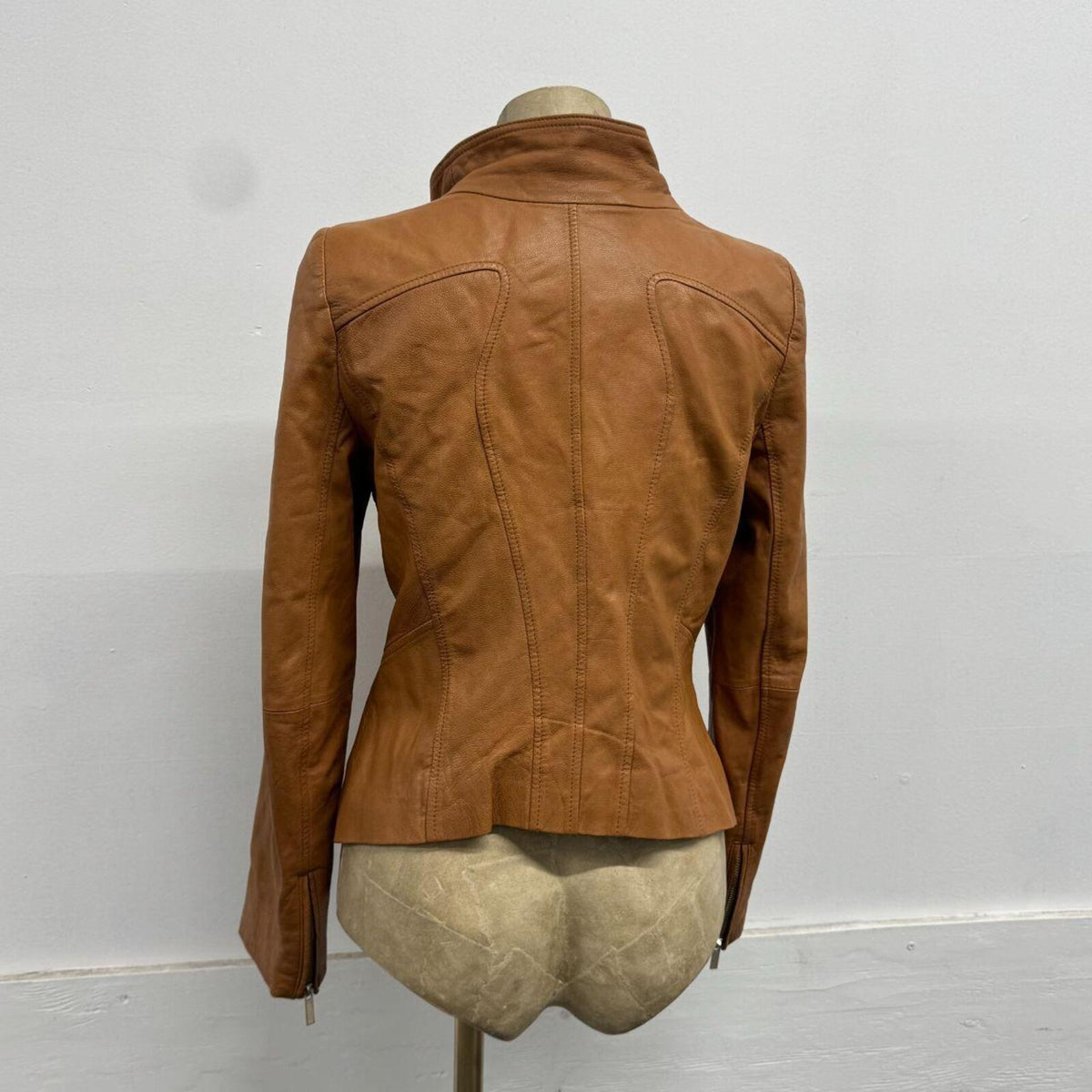 Vintage Tan Funnel Neck Asymmetric Avant Garde Military Leather Jacket