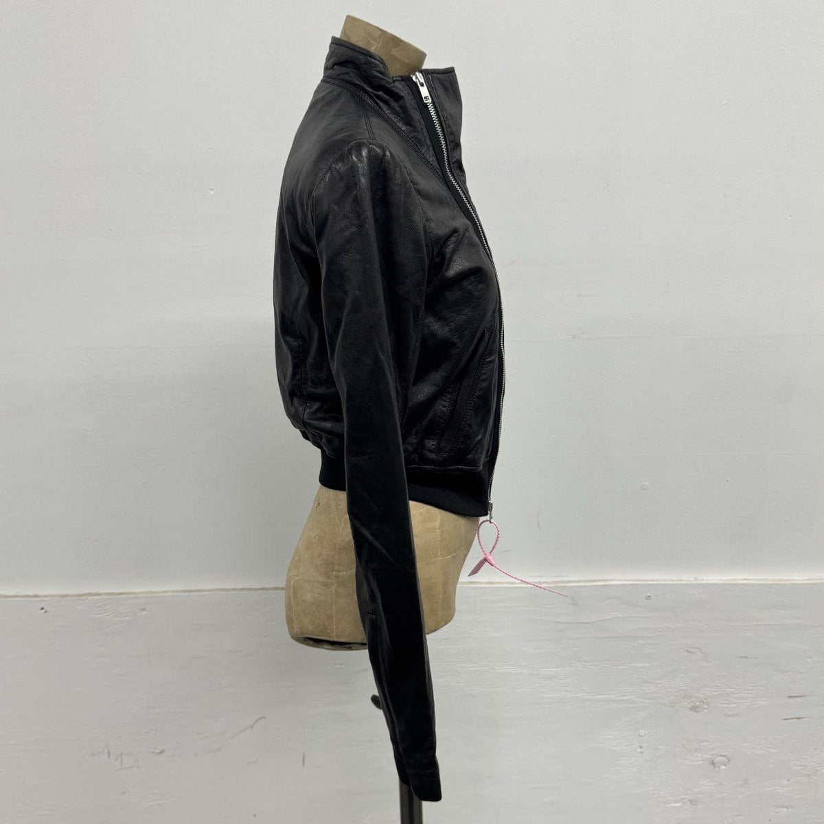 Vintage Black Funnel Neck Asymmetric Avant Garde Leather Jacket